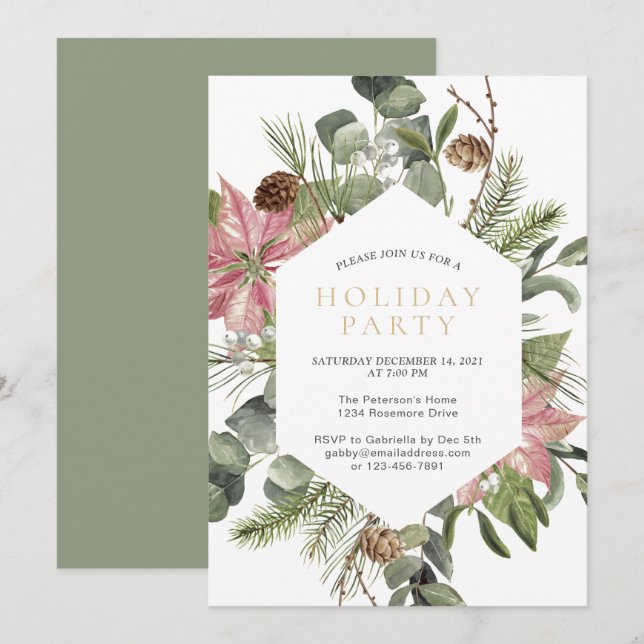 Watercolor Christmas Wreath Gold Holiday Party  Invitation (Front/Back)