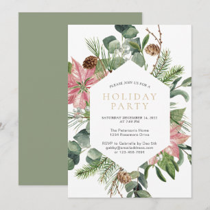 Watercolor Christmas Wreath Gold Holiday Party Invitation