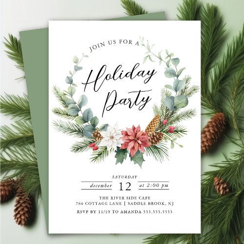 Watercolor Christmas Wreath Holiday Party Invitation