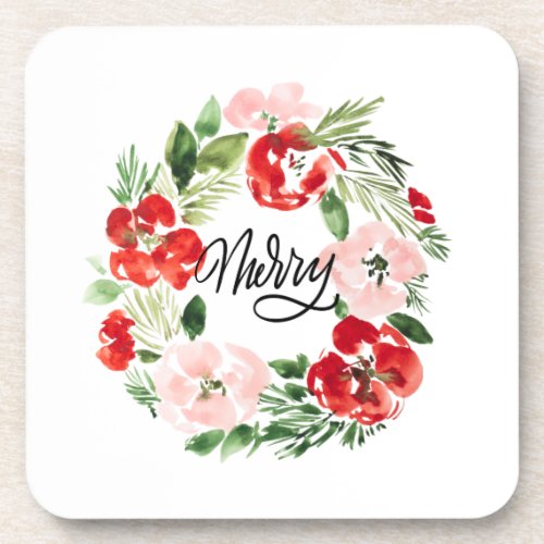 Watercolor Christmas wreath Merry  Beverage Coaster