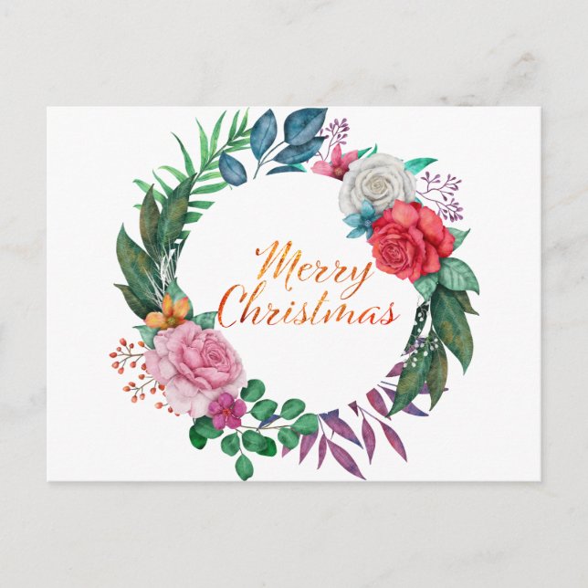 Watercolor Christmas Wreath Merry Christmas Postcard (Front)