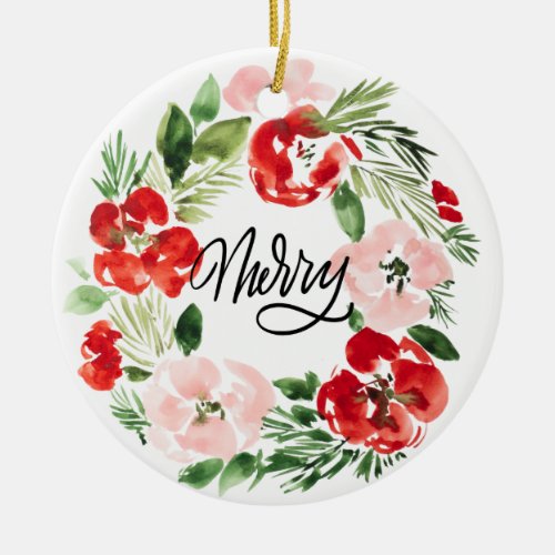 Watercolor Christmas wreath Merry Photo Design Ceramic Ornament