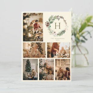 Watercolor Christmas Wreath Monogram Photo Collage Holiday Card