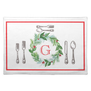 Watercolor Christmas Wreath MONOGRAM Placemat
