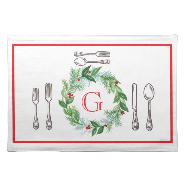 Watercolor Christmas Wreath MONOGRAM Placemat (Front)