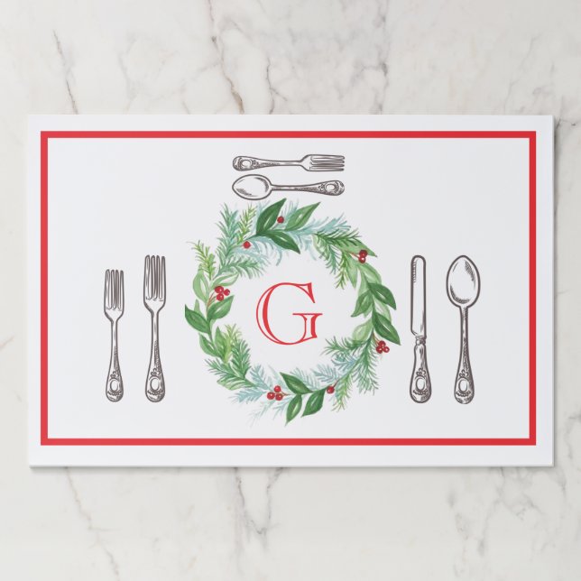 Watercolor Christmas Wreath MONOGRAM Placemat (Front)