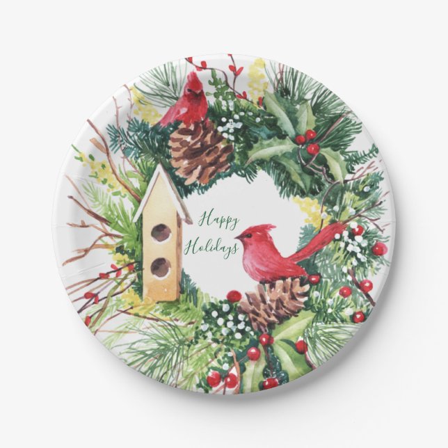 Watercolor Christmas Wreath Paper Plate (Front)