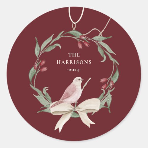 Watercolor Christmas Wreath Personalized Classic Round Sticker