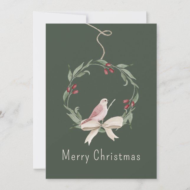 Watercolor Christmas Wreath Personalized Holiday Card (Front)