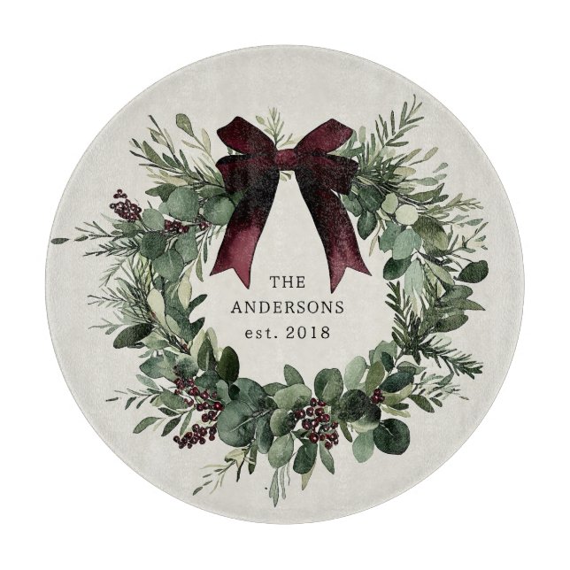 Watercolor Christmas Wreath Personalized Name Cutting Board (Front)