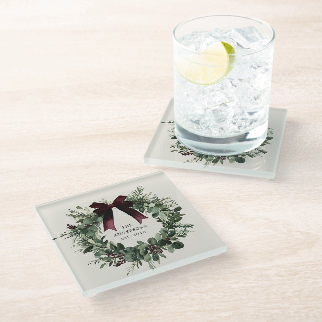Watercolor Christmas Wreath Personalized Name Glass Coaster (Angled)