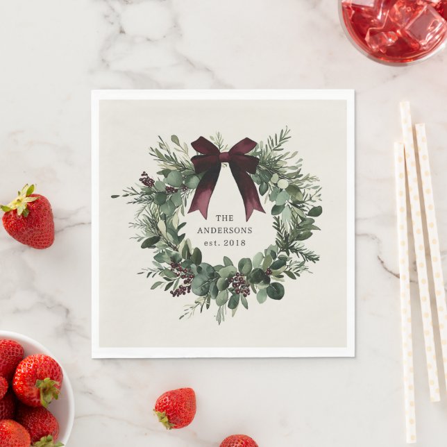 Watercolor Christmas Wreath Personalized Name Napkins (Insitu)