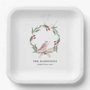 Watercolor Christmas Wreath Personalized White Paper Plates