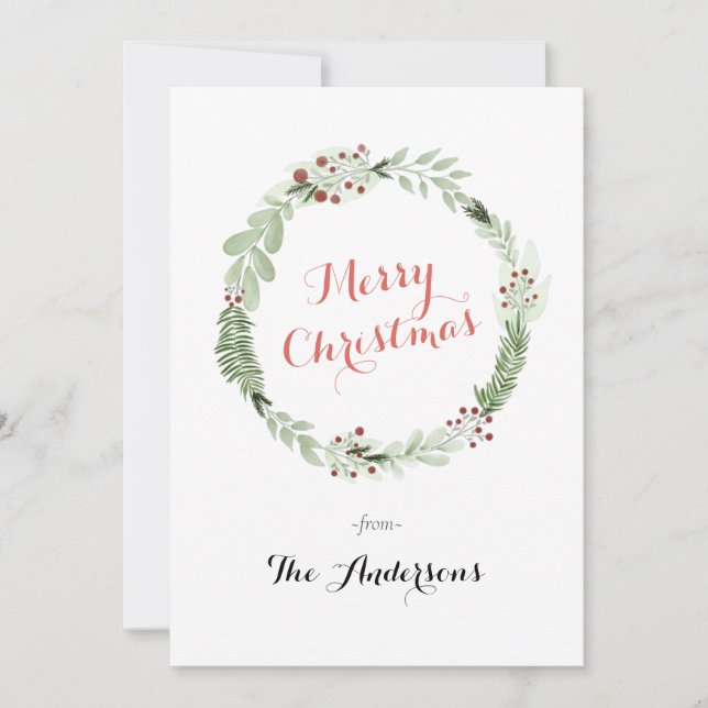 Watercolor Christmas Wreath Photo Holiday Card (Front)