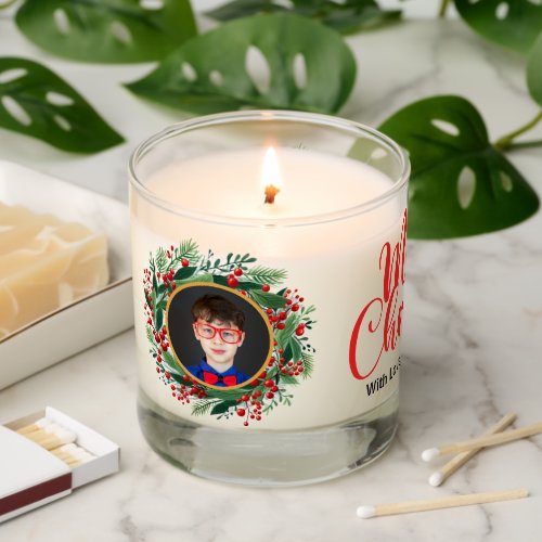 Watercolor Christmas Wreath Photo Name Xmas Scented Candle