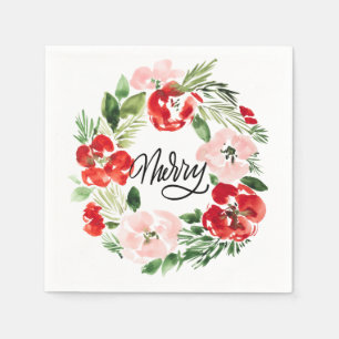 Watercolor Christmas wreath Pink Red and Green  Napkins