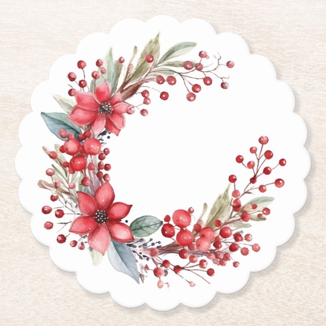 Watercolor Christmas Wreath Poinsettia Holly Berry Paper Coaster (Front)