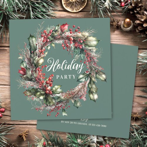 Watercolor Christmas wreath red green floral Invitation