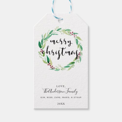 Watercolor Christmas Wreath Red Green Lettering Gift Tags