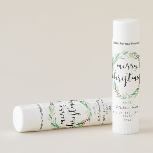 Watercolor Christmas Wreath Red Green Lettering Lip Balm