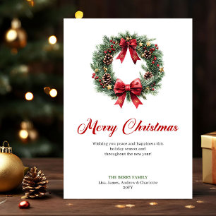 Watercolor Christmas Wreath Red Holly Greeting Holiday Card