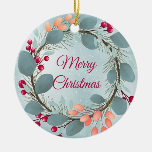 Watercolor Christmas wreath rustic modern Ceramic Ornament