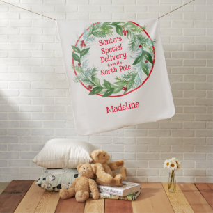 Watercolor Christmas Wreath Santa North Pole Baby Blanket