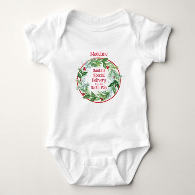 Watercolor Christmas Wreath Santa North Pole  Baby Bodysuit (Front)