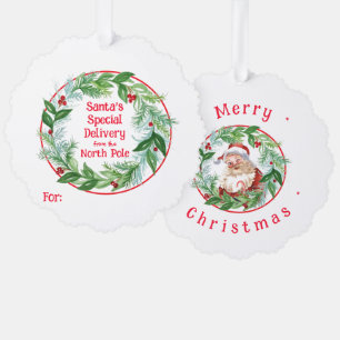 Watercolor Christmas Wreath Santa North Pole Ornament Card