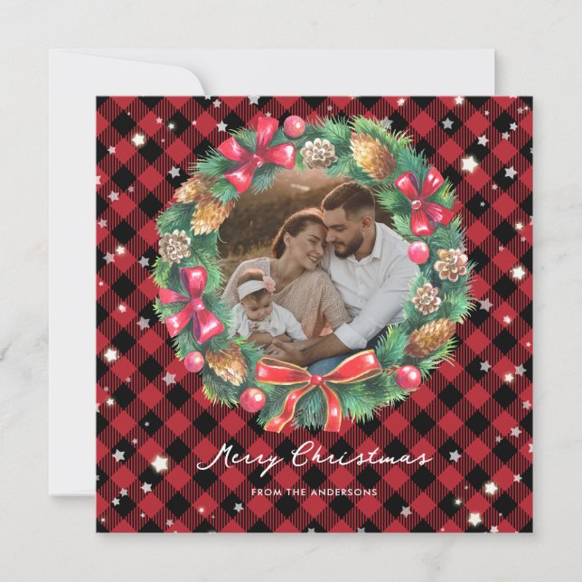 Watercolor Christmas Wreath Stars Red Plaid Photo Holiday Card (Front)