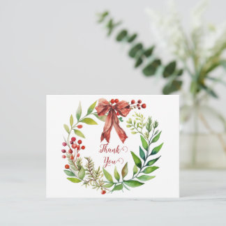 Watercolor Christmas Wreath Thank You Holiday Card