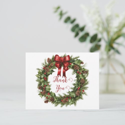 Watercolor Christmas Wreath Thank You Holiday Card