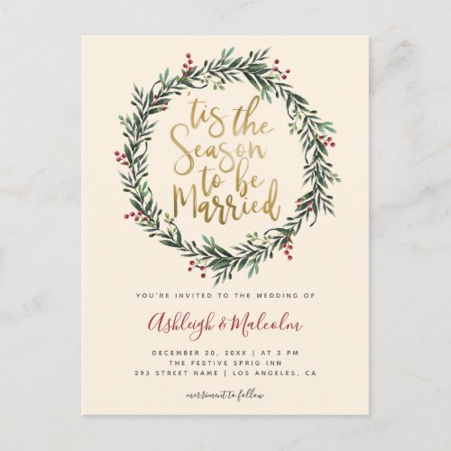Watercolor Christmas Wreath Tis The Season Wedding Holiday Postcard