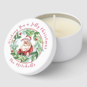 Watercolor Christmas Wreath Vintage Santa NAME Mini Candle Favors