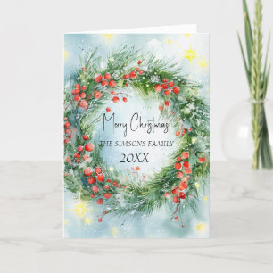 Watercolor Christmas Wreath Winter Greenery Holiday Card