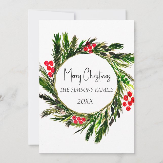 Watercolor Christmas Wreath Winter Greenery Holiday Card (Front)