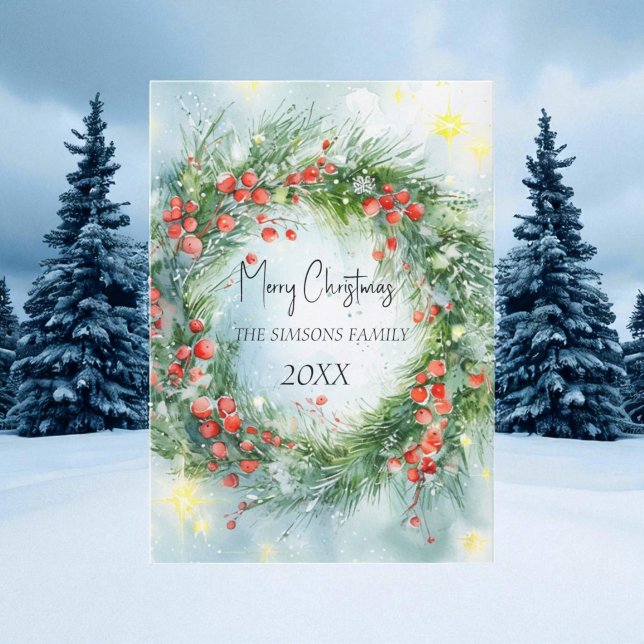 Watercolor Christmas Wreath Winter Greenery Holiday Card (Creator Uploaded)