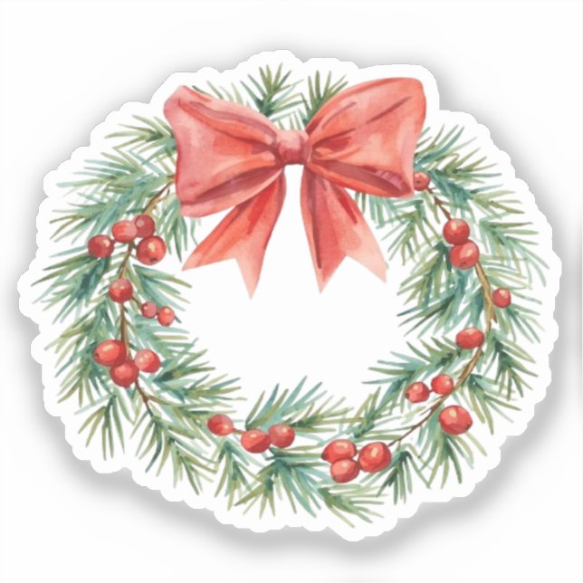 Watercolor Christmas Wreath with Red Bow & Berries Sticker (Front)