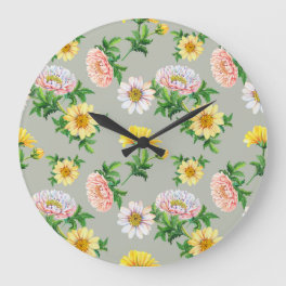 Watercolor chrysanthemums, seamless floral pattern large clock