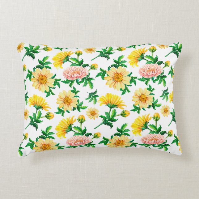 Watercolor chrysanthemums. Yellow flowers with gre Accent Pillow (Front)