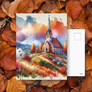 Watercolor Church on a Fall Day   Autumn Blessings Postcard