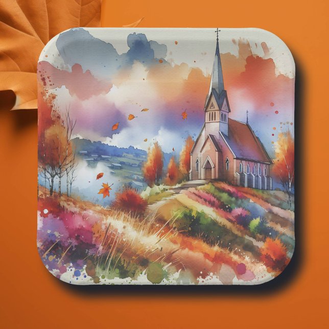 Watercolor Church on a Fall Day Paper Plates (Creator Uploaded)