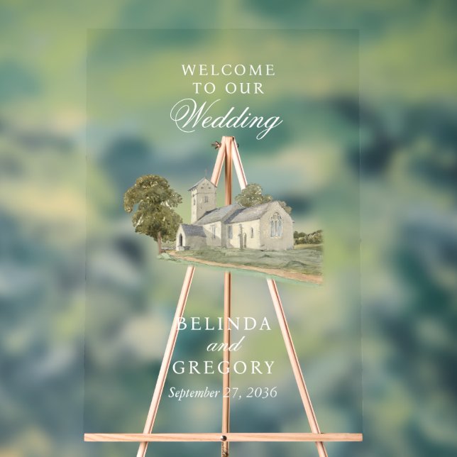 Watercolor Church Traditional Monogram Wedding Acrylic Sign (Neutral)