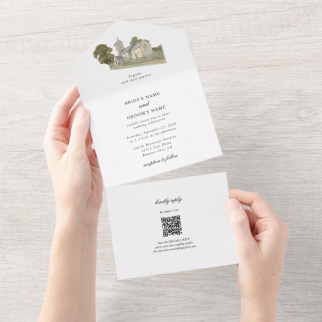 Watercolor Church Traditional Monogram Wedding All In One Invitation (Tearaway)