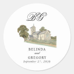 Watercolor Church Traditional Monogram Wedding Classic Round Sticker
