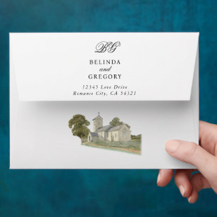 Watercolor Church Traditional Monogram Wedding Envelope