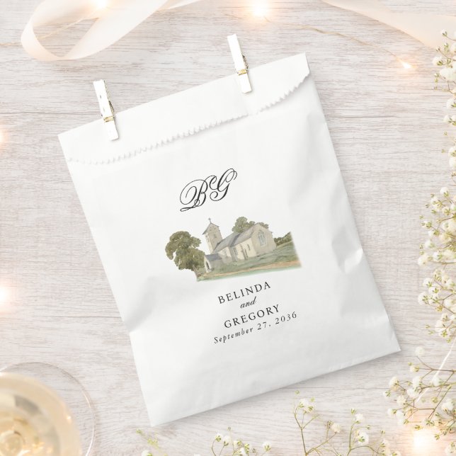 Watercolor Church Traditional Monogram Wedding Favor Bag (Clipped)