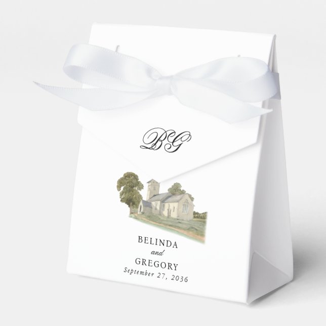 Watercolor Church Traditional Monogram Wedding Favor Boxes (Front Side)
