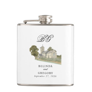 Watercolor Church Traditional Monogram Wedding Flask