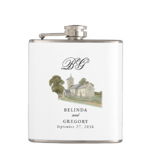 Watercolor Church Traditional Monogram Wedding Flask